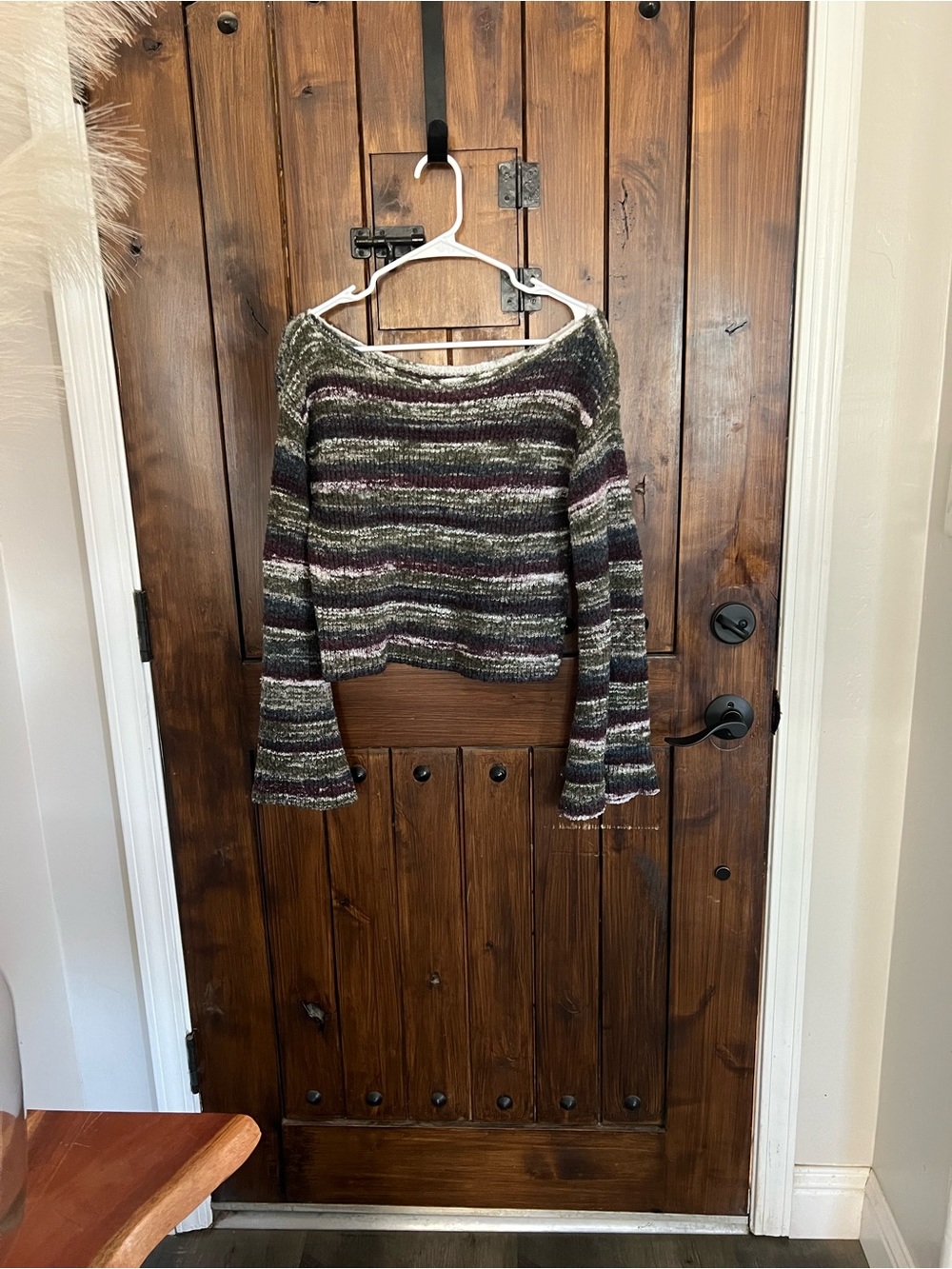 Striped Cropped Knit Sweater in Olive and Plum